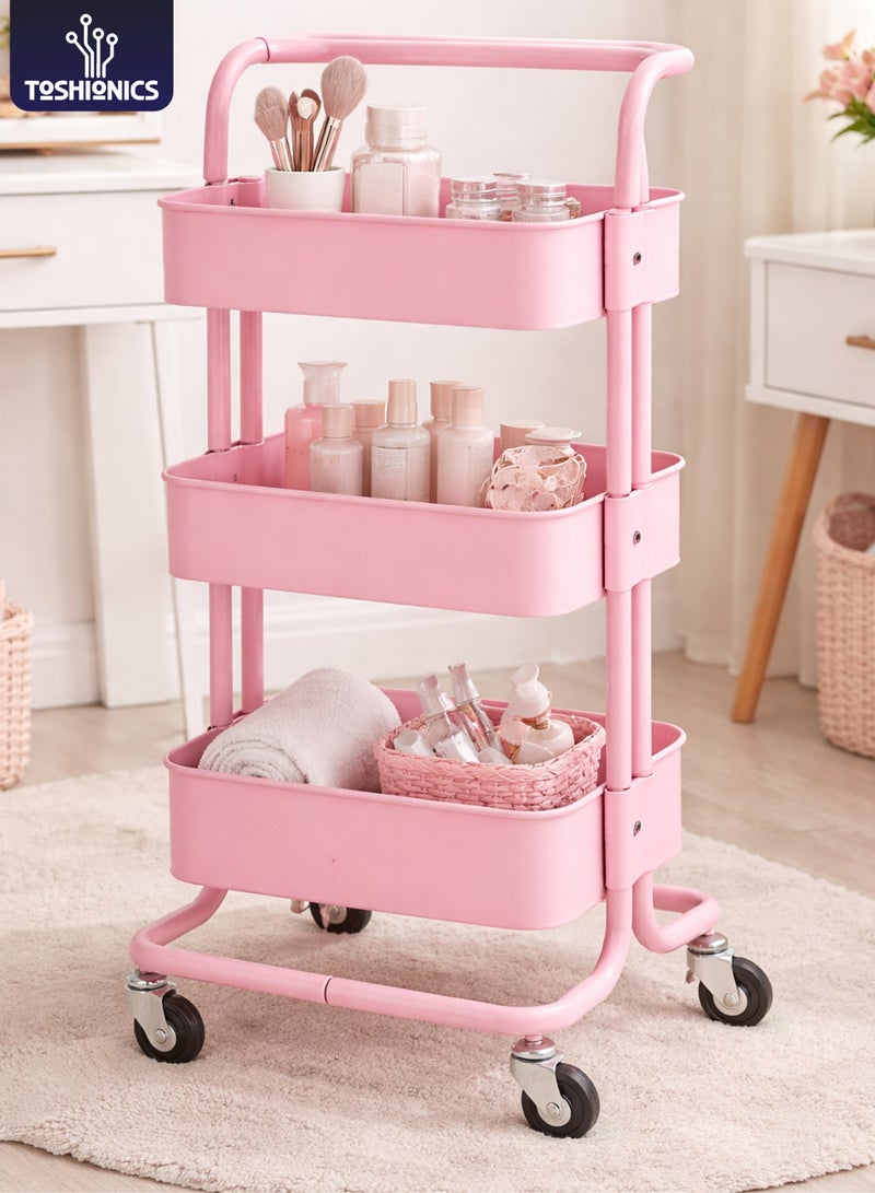 توشيونيكس عربة تخزين متعددة الاستخدامات بثلاثة أرفف شبكية معدنية مزودة بمقبض وعجلات | رف تخزين متعدد الأغراض للمطبخ والحمام والمكتب والمنزل | وحدة رفوف متنقلة، عربة تخزين موفرة للمساحة (33.5 × 17.5 × 14.5 بوصة) - Image 1